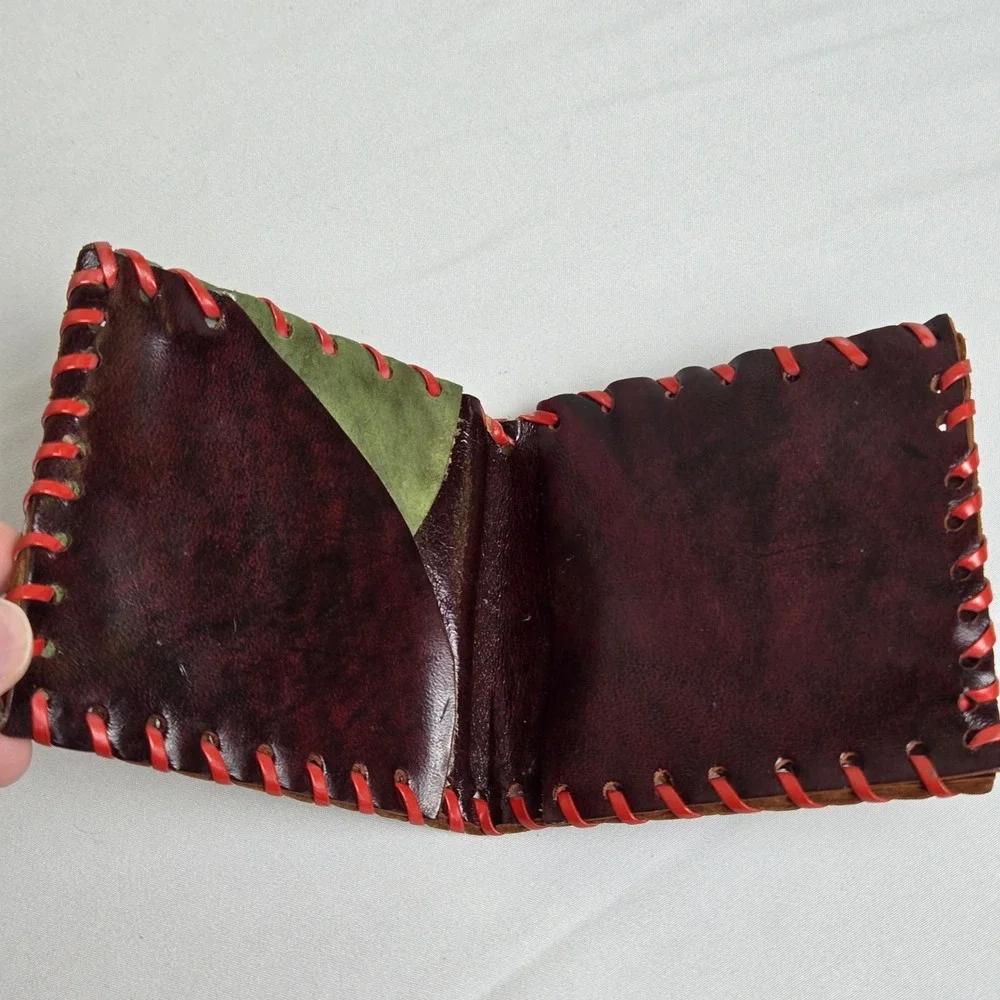 Handmade Bifold Leather Wallet Burgundy Red Contrast Stitching Rustic Primitive‎